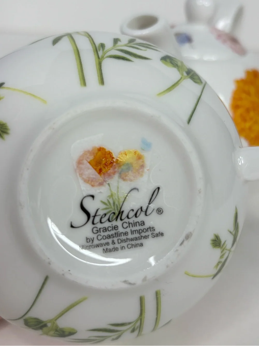 Gracie China Floral Ceramic Tea for One Set with Yellow Marigold Motif Pot & Cup